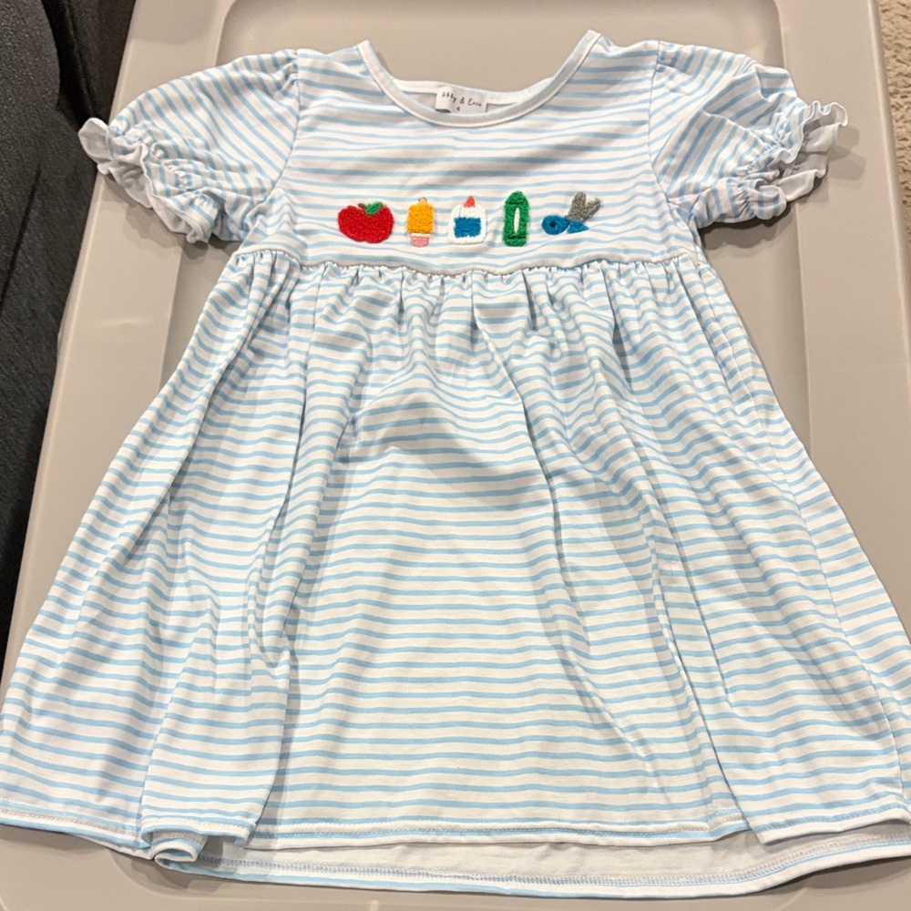 Abby and Evie Charming Kids Striped Dress with Embroidery